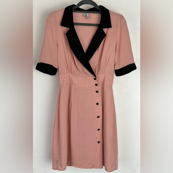 ASOS Retro Pink & Black Contrast Collar Button Half Sleeve Wrap Mini Dress UK 6 - Picture 2 of 16